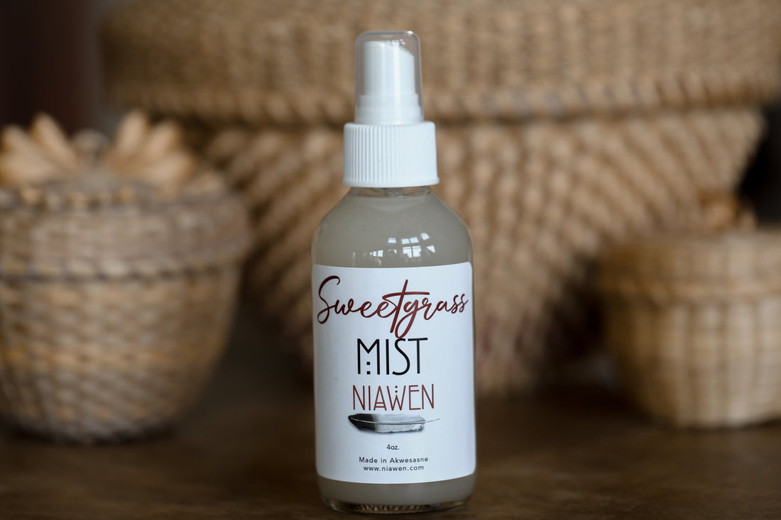 Sweetgrass Mist in use showing ceremonial body spray application